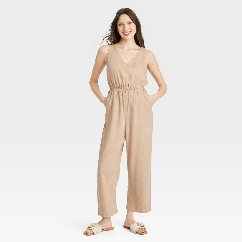 Universal Thread Tan Jumpsuit with Wide-Leg Silhouette and Square Neckline